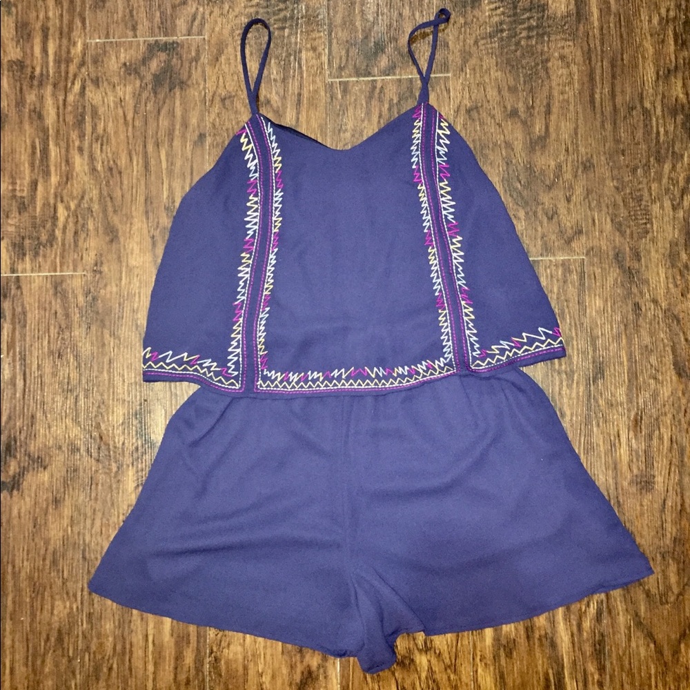 Blue Flowy Romper with Colorful Detailing